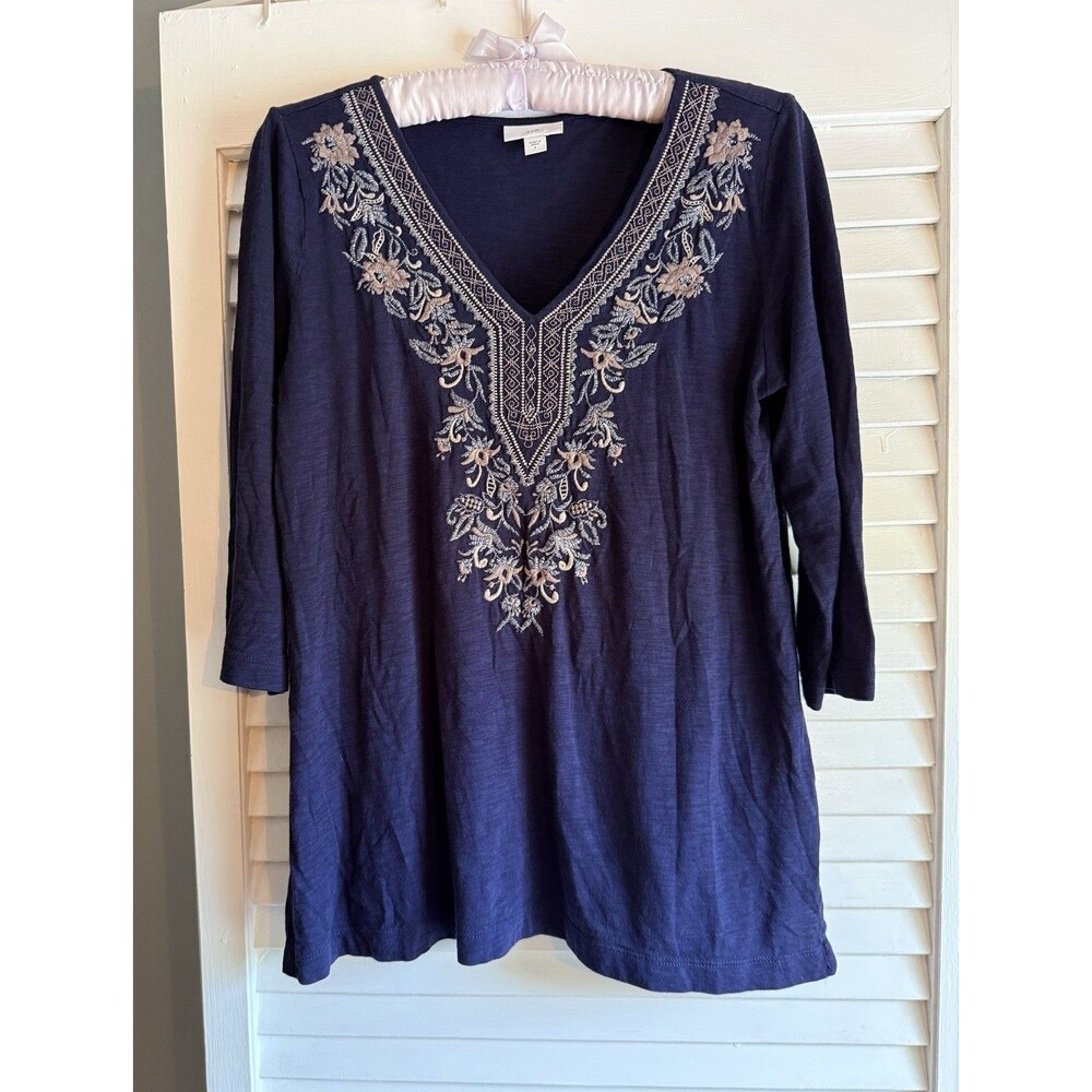 J. Jill Women’s S Top Tunic Shirt Blue Embroidered 3/4 Sleeve Boho Bohemian Chic